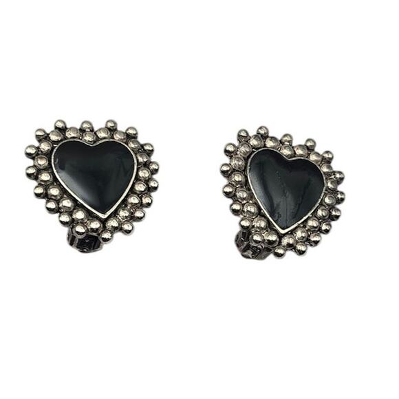 Black Heart Clip-On Vintage Earrings Silver Tone Beaded Edge - Picture 3 of 6
